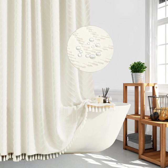 Fiuion Boho Shower Curtains with Hooks, Fabric Tufted Chevron Striped