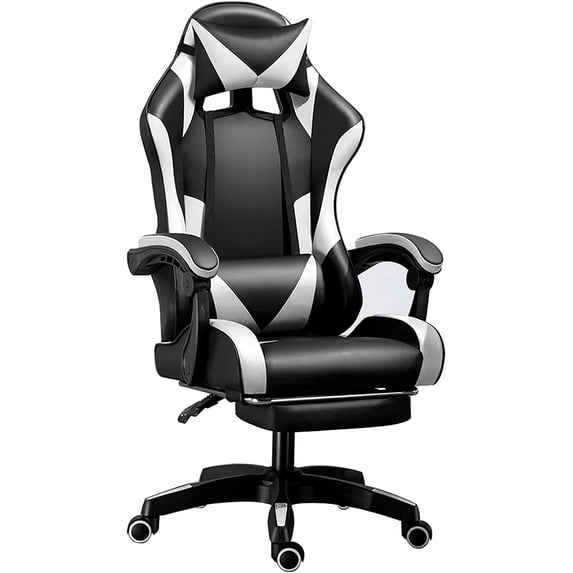 Fiuion Gaming Chair Computer Chair with Footrest and Lumbar Support 300 LB Height Adjustable Game Chair with 360°-Swivel Seat and Headrest and for Office or Gaming (White)