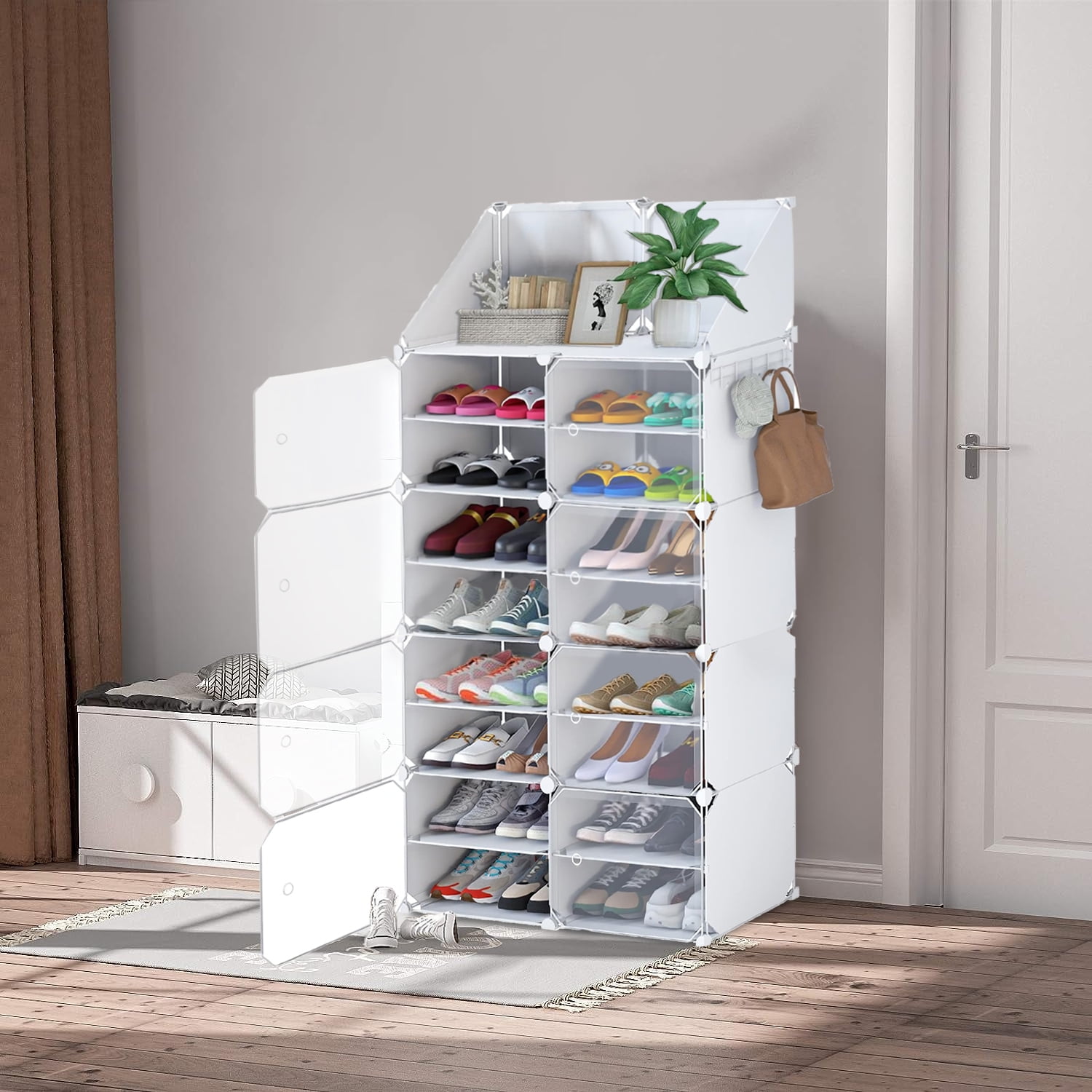 Shoes Rack Storage Cabinet with Doors, Key Holder, Portable Shoes