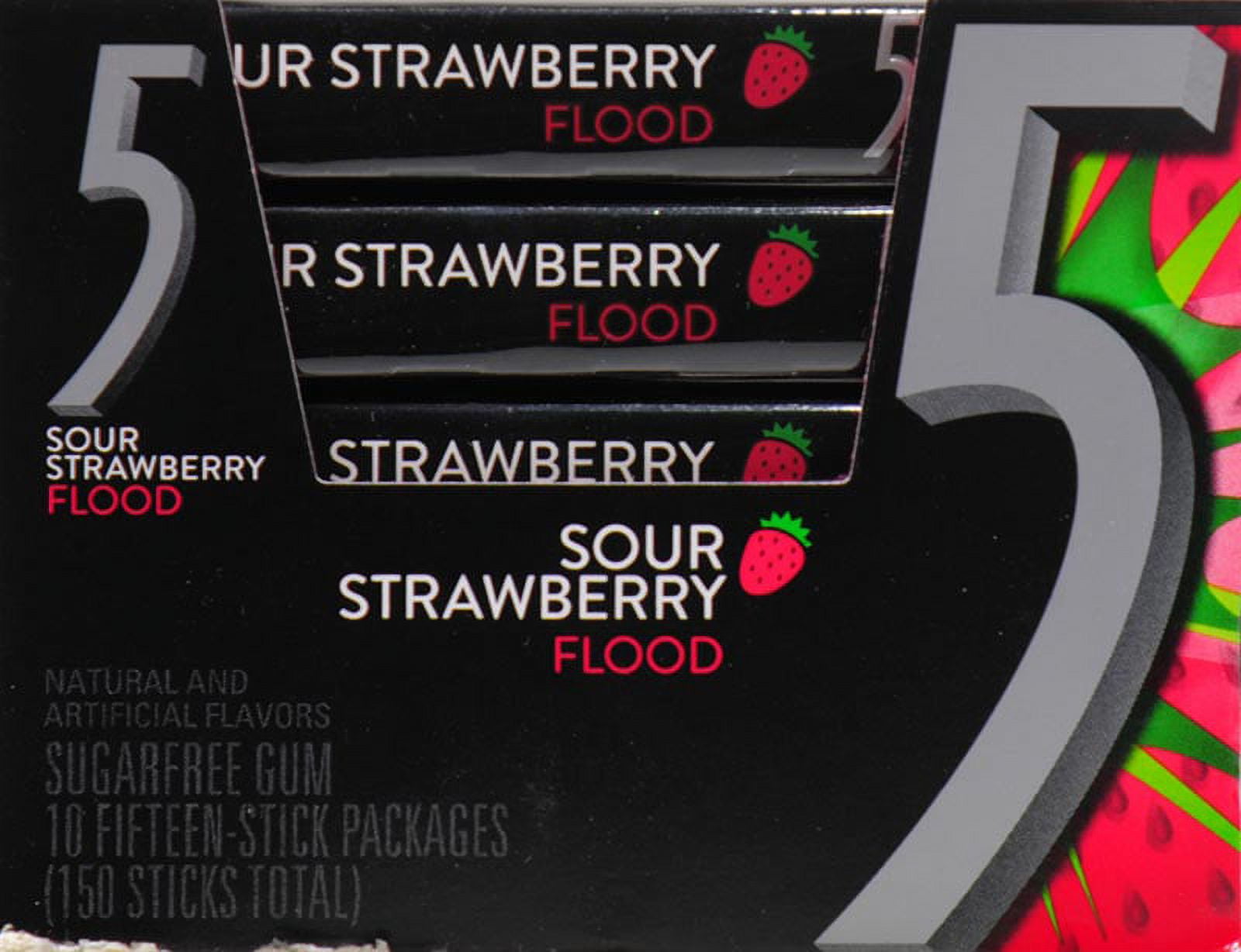 5 Gum Sour Strawberry Sugar Free Chewing Gum Bulk Pack, 15 Stick (Pack of  10)