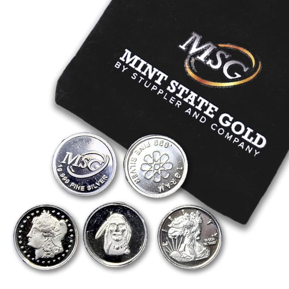 Five (5) One Gram .999 Fine Silver Rounds with Random Designs and Jewelry Pouch by Mint State Gold