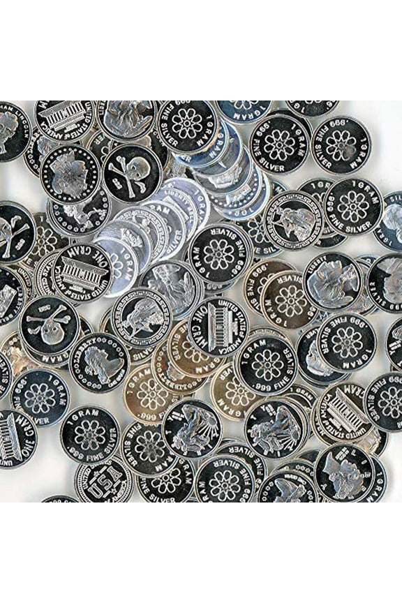 Five (5) One Gram .999 Fine Silver Rounds with Random Designs and Jewelry Pouch (Made in China)