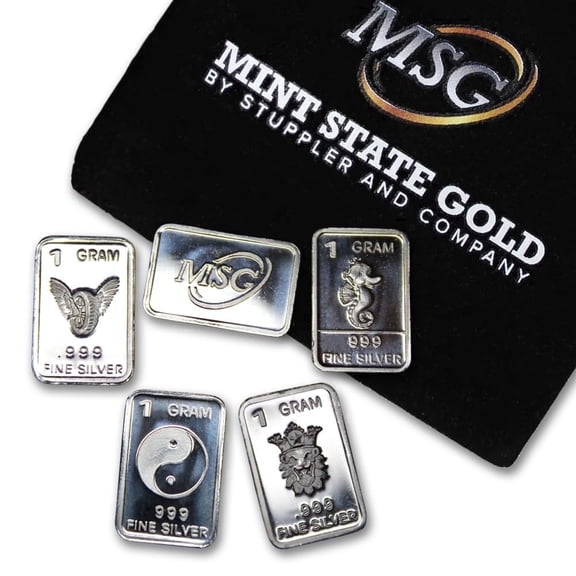 Five (5) One Gram .999 Pure Silver Bars Random Designs w/ Jewelry Pouch by Mint State Gold