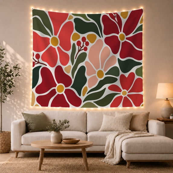 Five Abstract Flowers Surrounded by Green Foliage, Playful Retro for Flower Lovers, Botanical Wall Art Decor, Birthday Gift Tapestry Wall Hanging for Bedroom and Living Room