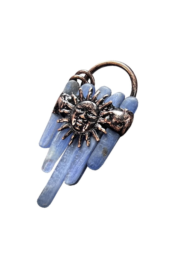 Five Blue Kyanite Raw Crystal Sun Pendant Natural Geode Healing Necklace with Sun Motif, Boho Spiritual Jewelry