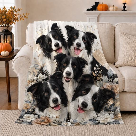 Five Border Collie Dogs Floral Accents Cheerful Heartwarming, Cozy Pet Portrait Pattern, Warm Flannel Blanket for Living Room and Bedroom, Dog Lovers Just Because Gift, Pet Lover Home Decor