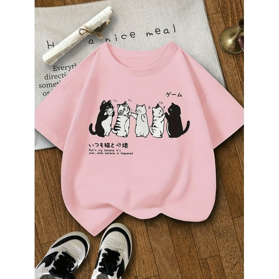 Five Cats Pattern Printed T-shirt, Women's Big Round Neck Short Sleeve T-shirt, Girls' Summer Youngsters's Clothing, Suitable for 8-14 Years Old