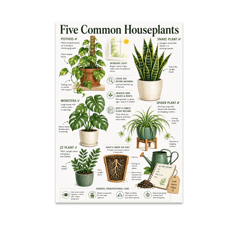 Five Common Houseplants - Houseplant Owners, 13 x 19 in Glossy Unframed Wall Poster, Vertical