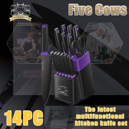 Five Cows 14-Piece Knife Set with Sharpener Block, Stainless Steel Steak, Chopping, Carving, Paring Knives, Non-Slip Dishwasher Safe Handles, Christmas Gift in Dark Blue, White, Red, Black
