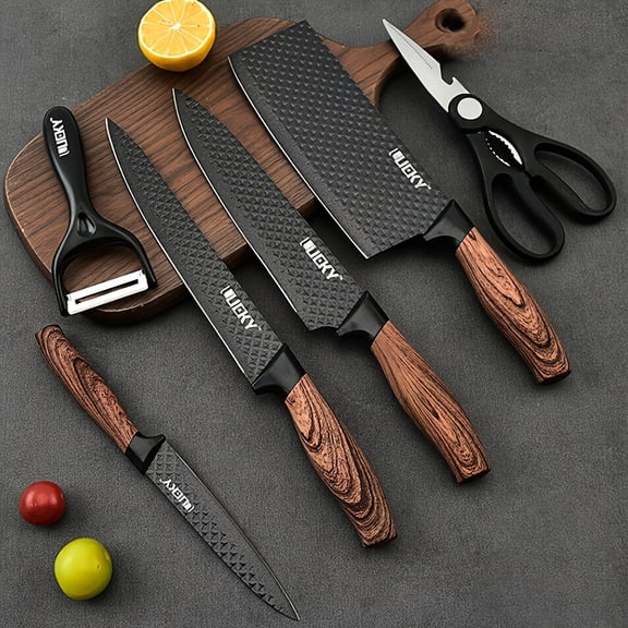 Professional 6-Piece Kitchen Knife Set with Peeler & Scissors, High-Carbon Stainless Steel, Ultra-Sharp, Ergonomic Wooden Handle for Meat, Vegetables, Travel