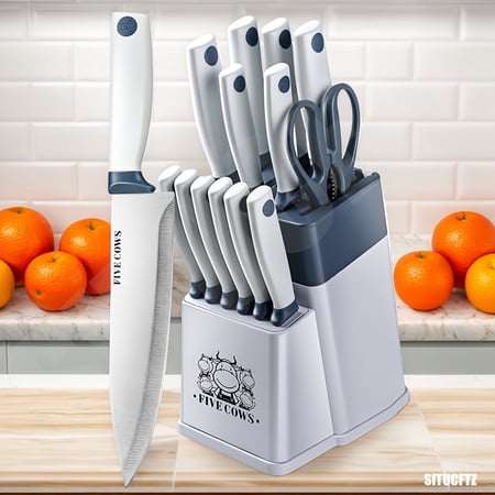 Five Cows 14pcs Kitchen Knife Set with Built-in Sharpener Block | Stainless Steel Knives (Steak/Chopping/Carving) | Non-slip Handle, Dishwasher Safe | Dark Blue/White/Red/Black
