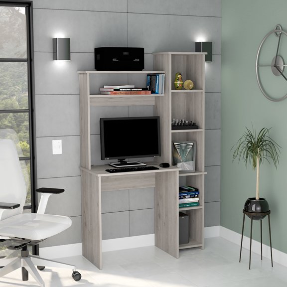 Five - Cubby Light Gray Desk | For Keeping Office Essentials and Tech Gadgets | Constructed from Reliable Particle Board | Overcomes Storage Disorder