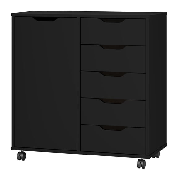 Five Drawer Chest Storage Cabinet With Side Door, Rolling Wooden Dresser Mobile Organizer Tower For Bedroom And Office, Contemporary Floor Furniture Rack Stand, Black