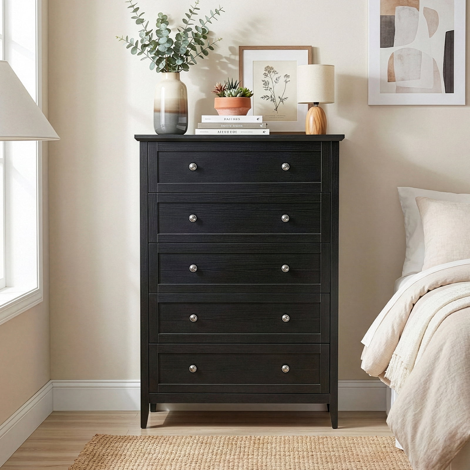 Five Drawers Cabinet, Double Handles P2 Particleboard + MDF Melamine 80*40*115cm Framed