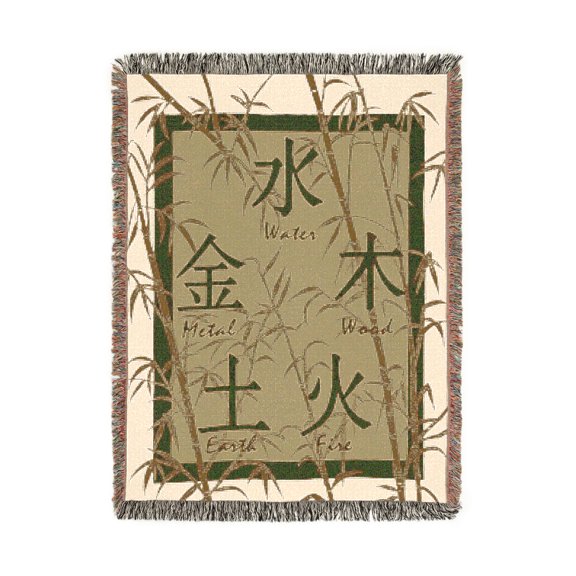 Five Elements Symbols and Bamboo Olive Green Beige Woven Blanket, 100% Cotton, Asian-Inspired Home Accent