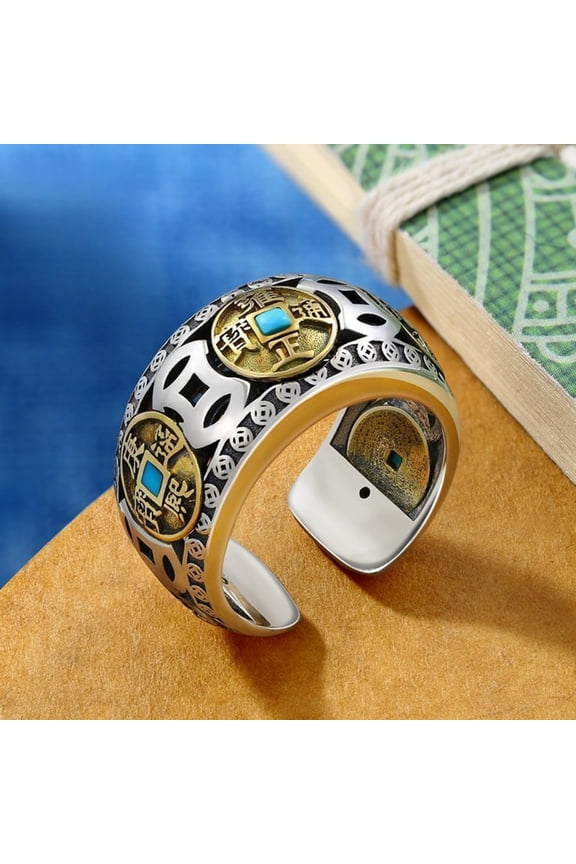 Five Emperor Coin Ring Vintage Adjustable Spinning Unisex Ethnic Style Jewelry Accessory for Men Women Cultural Gift