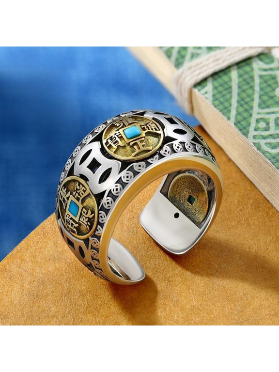 Five Emperor Coin Ring Vintage Adjustable Spinning Unisex Ethnic Style Jewelry Accessory for Men Women Cultural Gift