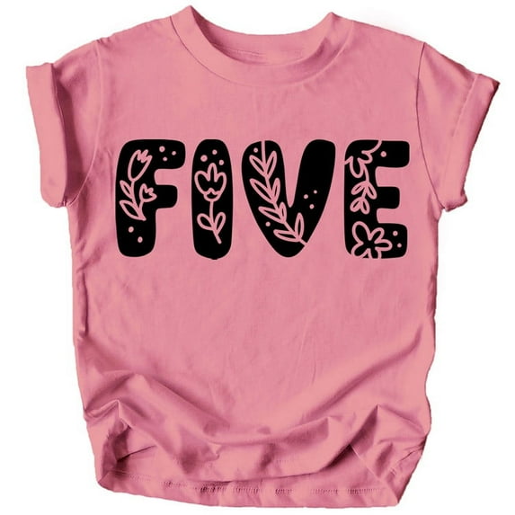 Five Floral Numbers Ages 1-7 Girl's 5th Birthday Shirt Black on Mauve Shirt Youth Small
