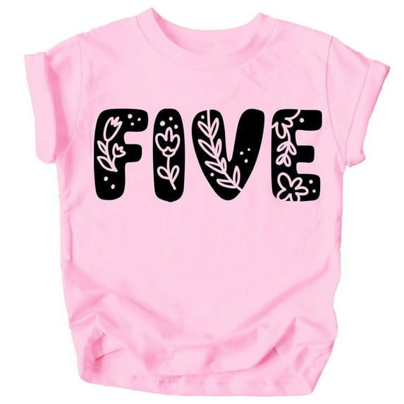 Five Floral Numbers Ages 1-7 Girl's 5th Birthday Shirt Black on Pink Shirt 4T