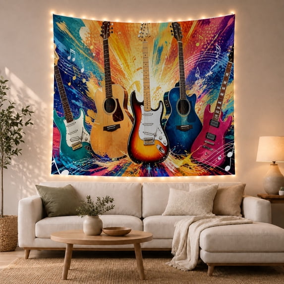 Five Guitars Among Bright Color Fields and Music Notes, Cheerful Watercolor for Music Lovers, Guitar Wall Art, Housewarming Gift, Tapestry Wall Hanging for Bedroom and Studio