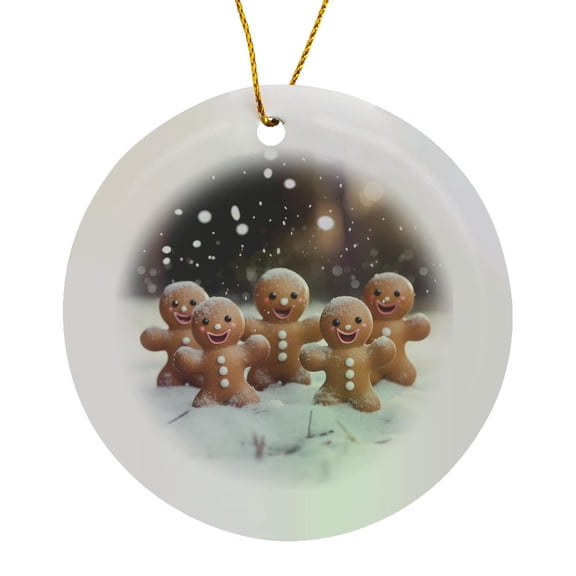 3drose, Five Happy Gingerbread Men in a Field of Snow During a Sunset., Circle Porcelain Ornament