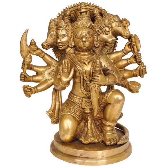 8 Inch Five-Headed Lord Hanuman Brass Sculpture - Handmade Religious Figurine