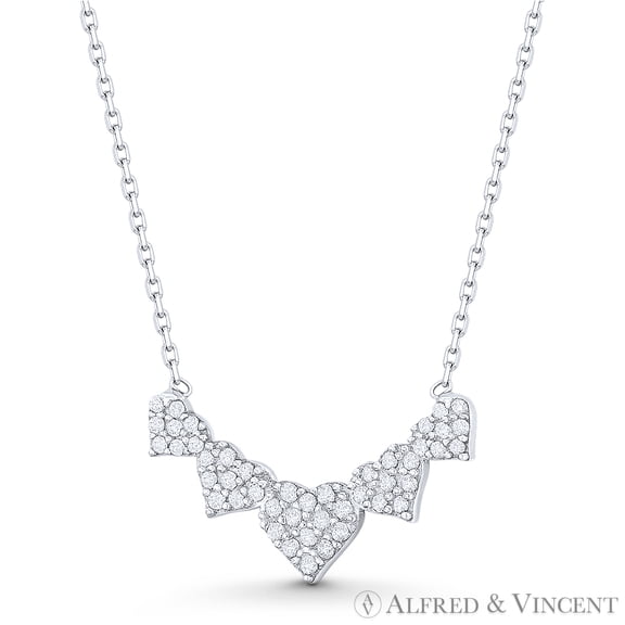 Five-Heart Charm CZ Crystal Charm Pendant & Necklace in .925 Sterling Silver w/ Rhodium
