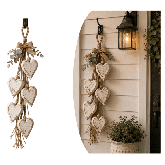 Five Heart Shape Coastal Blue Hanging Wall Decor, Ocean Themed Heart Wall Hanging with Shells Starfish, Beach House Entryway Accent (White)