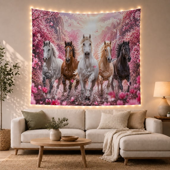 Five Horses Charging Through Water with Cherry Blossoms Majestic Fantasy for Nature Lovers Wildlife Wall Art Housewarming Gift Tapestry Wall Hanging for Bedroom and Living Room