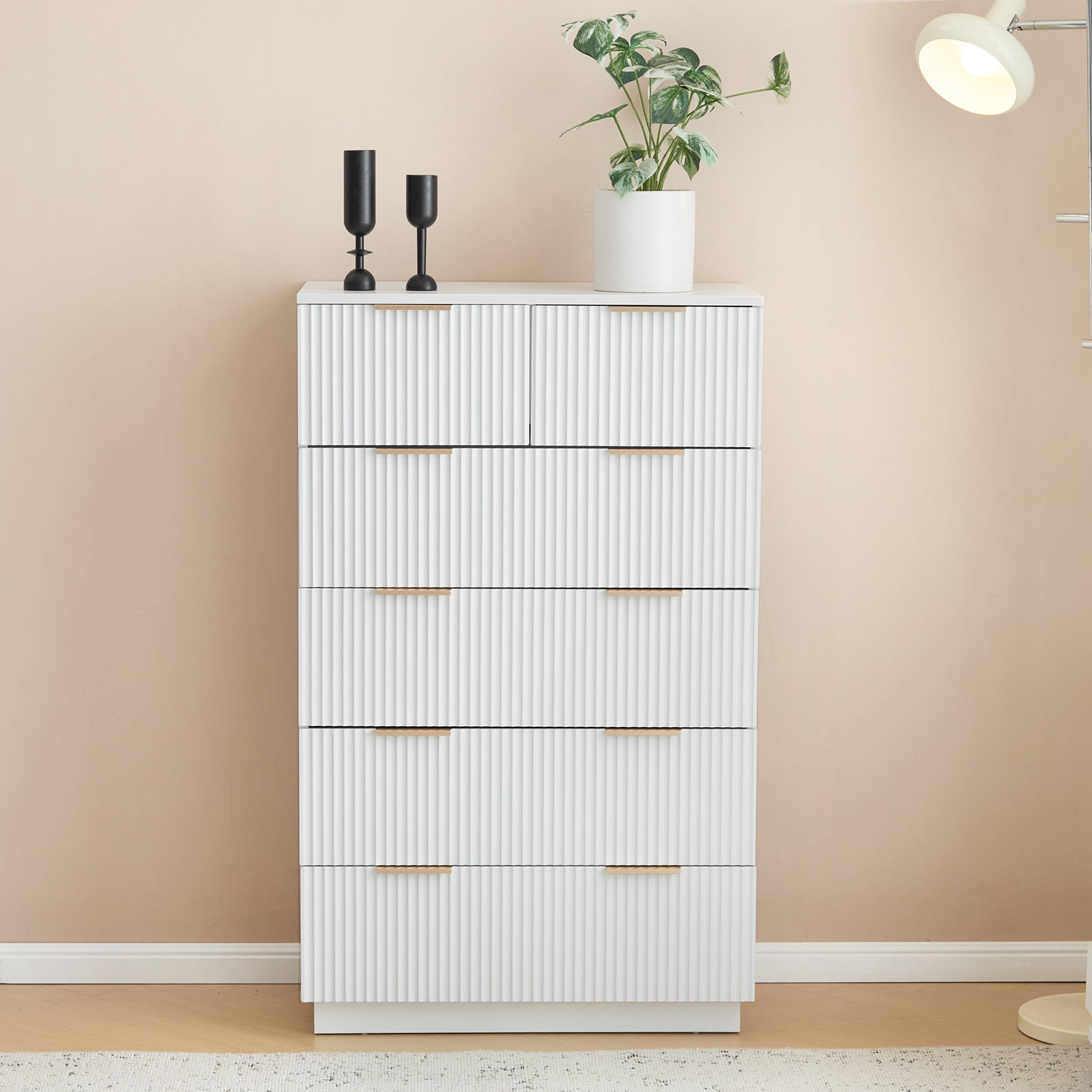 Five-Level Cabinet with Six Drawer, White P2 Particle Board and Density Board Wavy Pattern Drawer