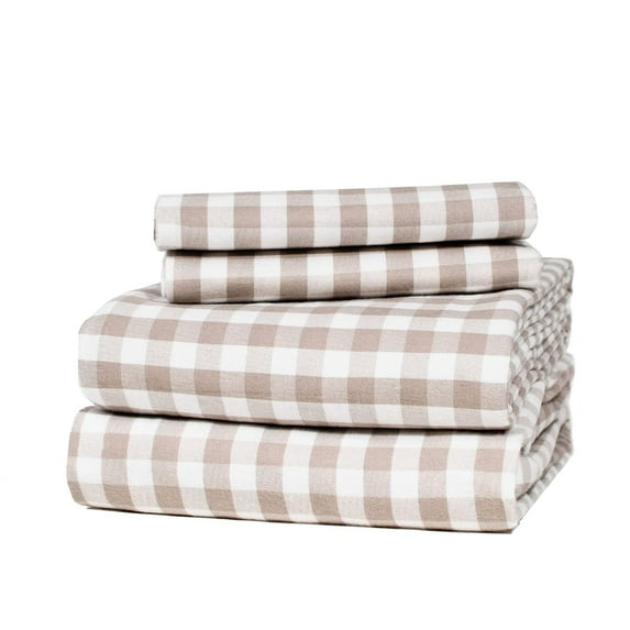 Five Looms Cotton Cozy Flannel Bed Sheet Set, Full (Gingham Beige, 4 Piece)