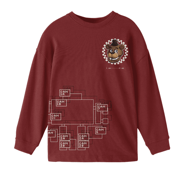 Five Nights At Freddy's Camera Map Youth Maroon Crew Neck Long Sleeve Tee-Small