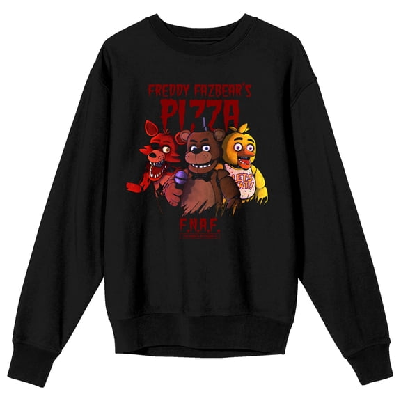 Five Nights At Freddy’s Foxy Freddy & Chica Pizza Adult Black Crew Neck Long Sleeve Sweatshirt-Medium