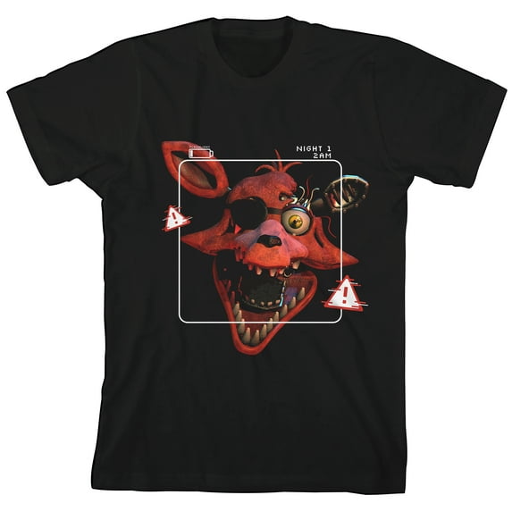 Five Nights At Freddy's Foxy With Warning Signs Crew Neck Short Sleeve Boy's Black T-shirt-Large