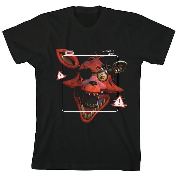 Five Nights At Freddy's Foxy With Warning Signs Crew Neck Short Sleeve Boy's Black T-shirt-Small