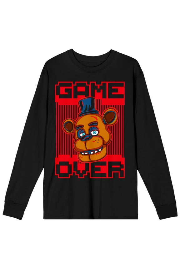 Freddy Big Face Game Over Crew Neck Long Sleeve Men's Black Tee-Medium