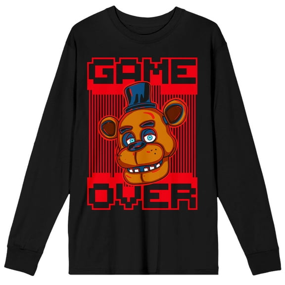 Five Nights At Freddy's Freddy Big Face Game Over Crew Neck Long Sleeve Men's Black Tee-XXL