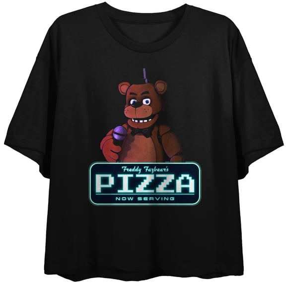 Five Nights At Freddy’s Freddy Fazbear’s Pizza Now Serving Women’s Black Crew Neck Short Sleeve Crop Top-Small