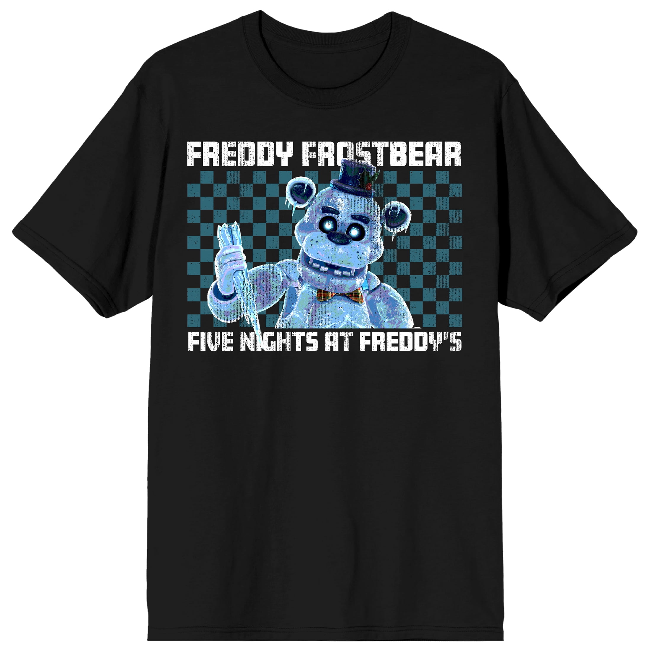 Five Nights At Freddy's Freddy Frostbear, Checkered Pattern, Title text, Name text on Black Adult T-Shirt-3XL