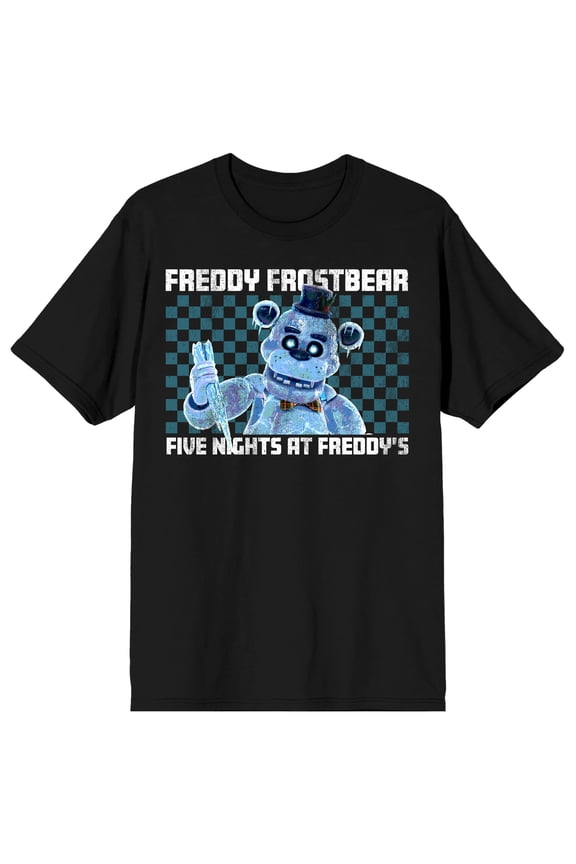 Five Nights At Freddy's Freddy Frostbear Checkered Pattern Title text Name text on Black Adult T-Shirt-XL