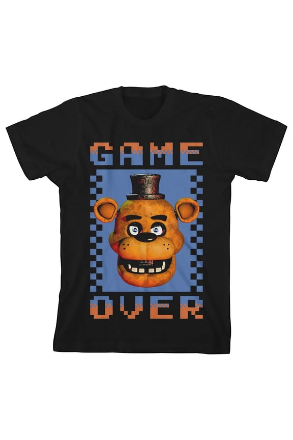 Freddy Head Game Over Text Boy's Black T-shirt-XL