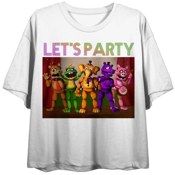 Five Nights At Freddy's Let's Party Group Shot Crew Neck Short Sleeve Women's White Crop Top-2XL