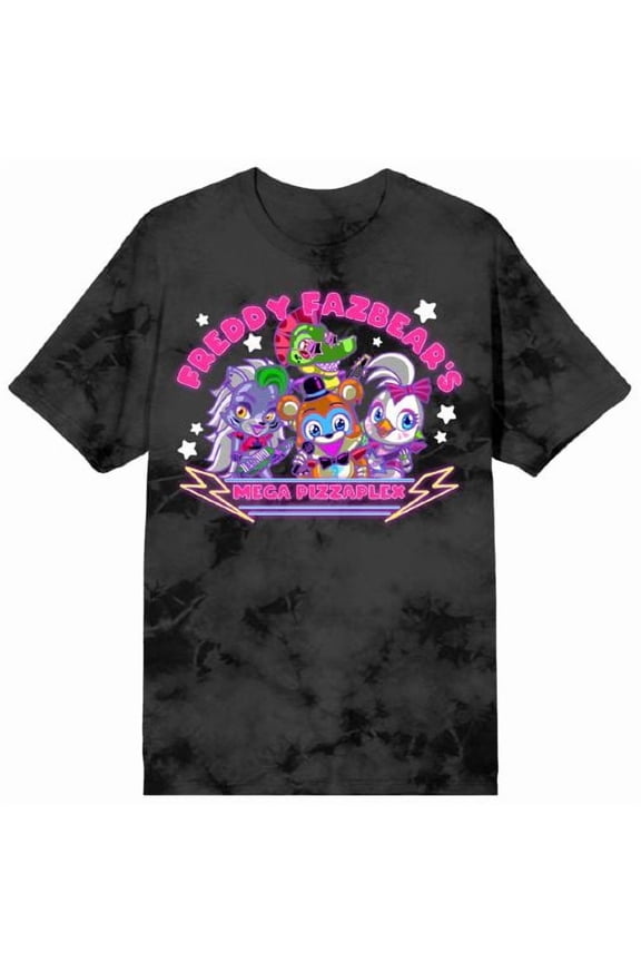 Five Nights At Freddy's Mega PizzaPlex Chibi Group Shot Women's Black Mineral Wash Crew Neck Short Sleeve T-shirt-Large