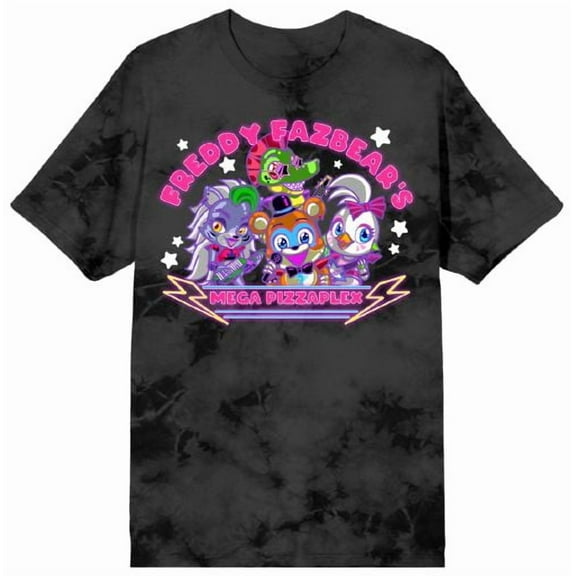 Five Nights At Freddy's Mega PizzaPlex Chibi Group Shot Women's Black Mineral Wash Crew Neck Short Sleeve T-shirt-Medium