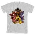 thumbnail image 1 of Five Nights At Freddy's Plush Characters Group Short Youth Atheltic Heather Crew Neck Short Sleeve T-shirt - Large, 1 of 3