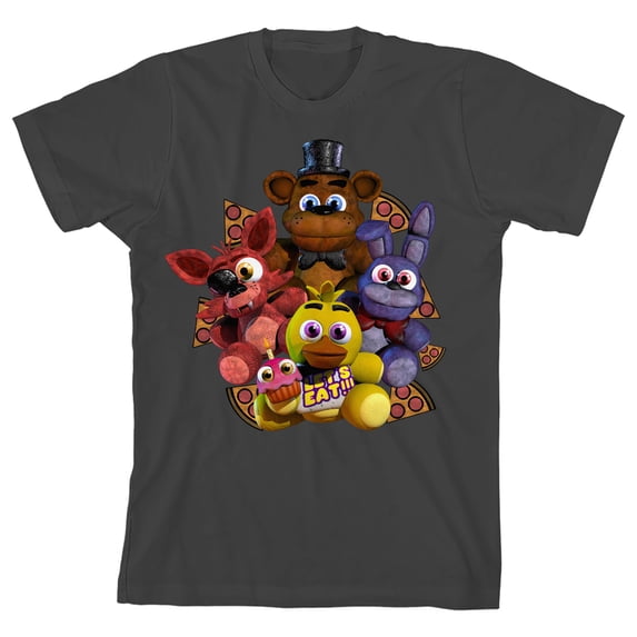 Five Nights At Freddy's Plush Characters Group Short Youth Charcoal Crew Neck Short Sleeve T-shirt - Medium