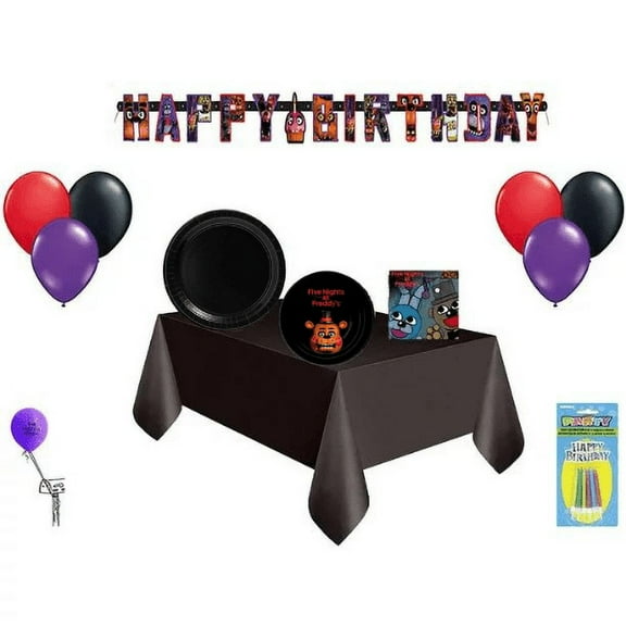 Five Nights At Freddys Mega Party 16 Guest Party Decorating Kit ~ Lunch Plates , Lunch Napkins, Dessert Plates, Table Cover, Banner, Balloons