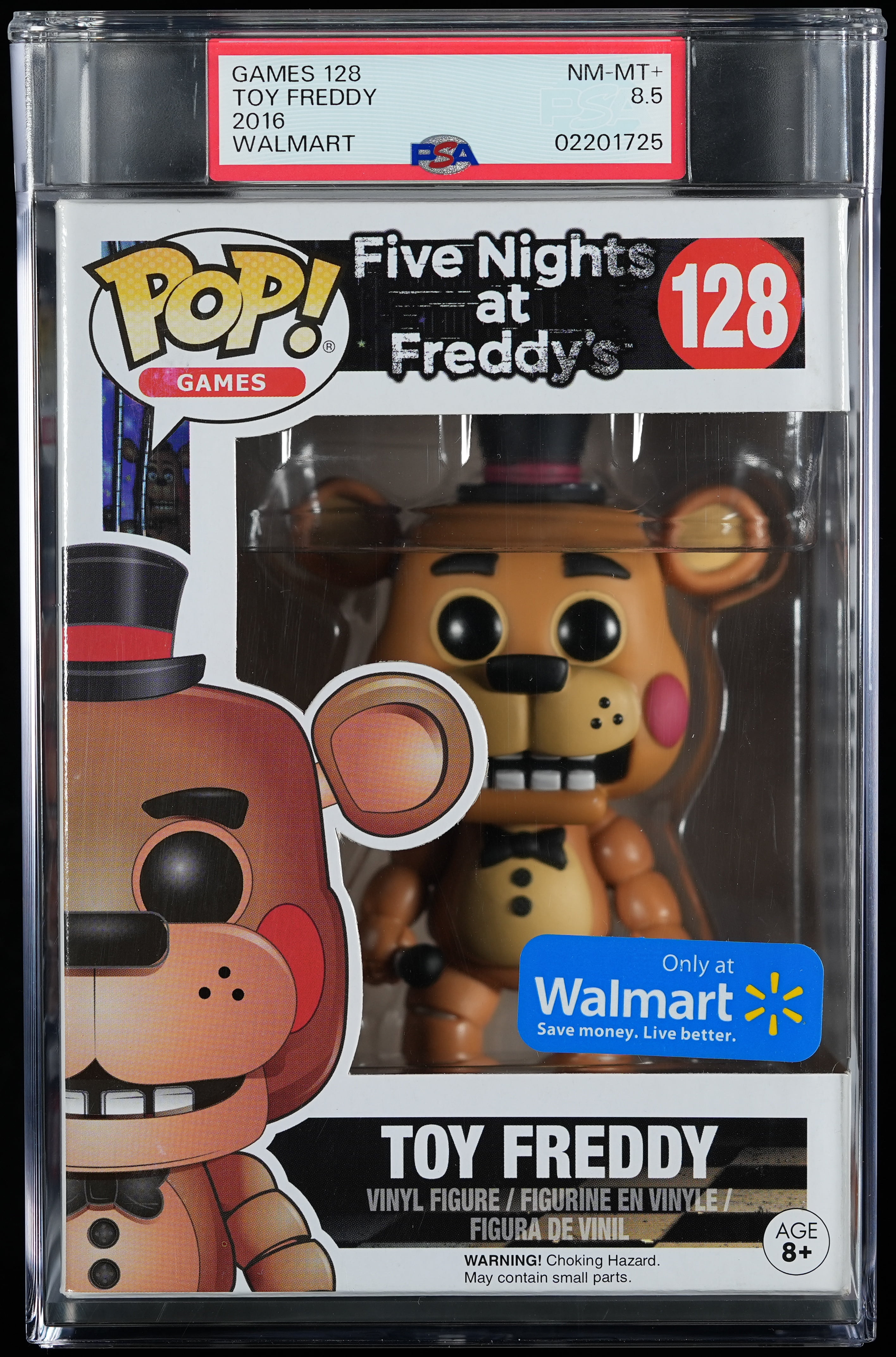 Five Nights at Freddy's, PSA Graded 8.5 NM-MT+, Toy Freddy Collectible Vinyl Figure #128, Fully Encapsulated Bundle with Compatible Funko Pop! PSA Hard Protector Case