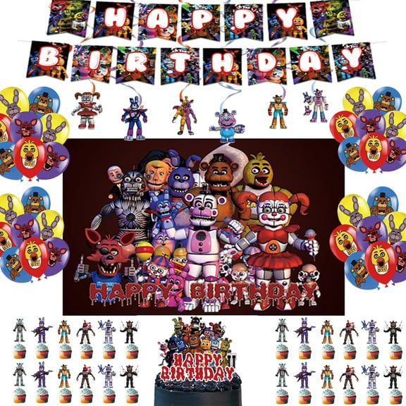 Five Nights Party Decorations Freddy's Happy Birthday Party Supplies include Banner ,Balloons,Cake Cupcake Toppers, Freddy's Background