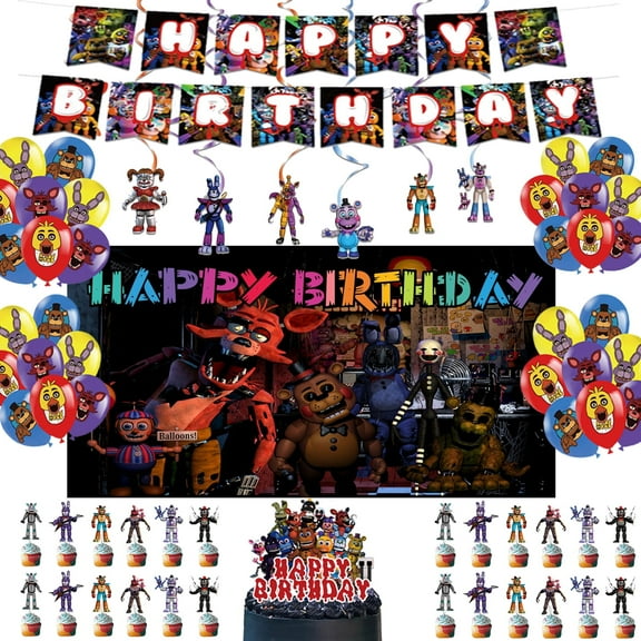 Five Nights Party Supplies Freddy's Birthday Party Decorations include Happy Birthday Banner ,Balloons,Cake Cupcake Toppers, Freddy's Background